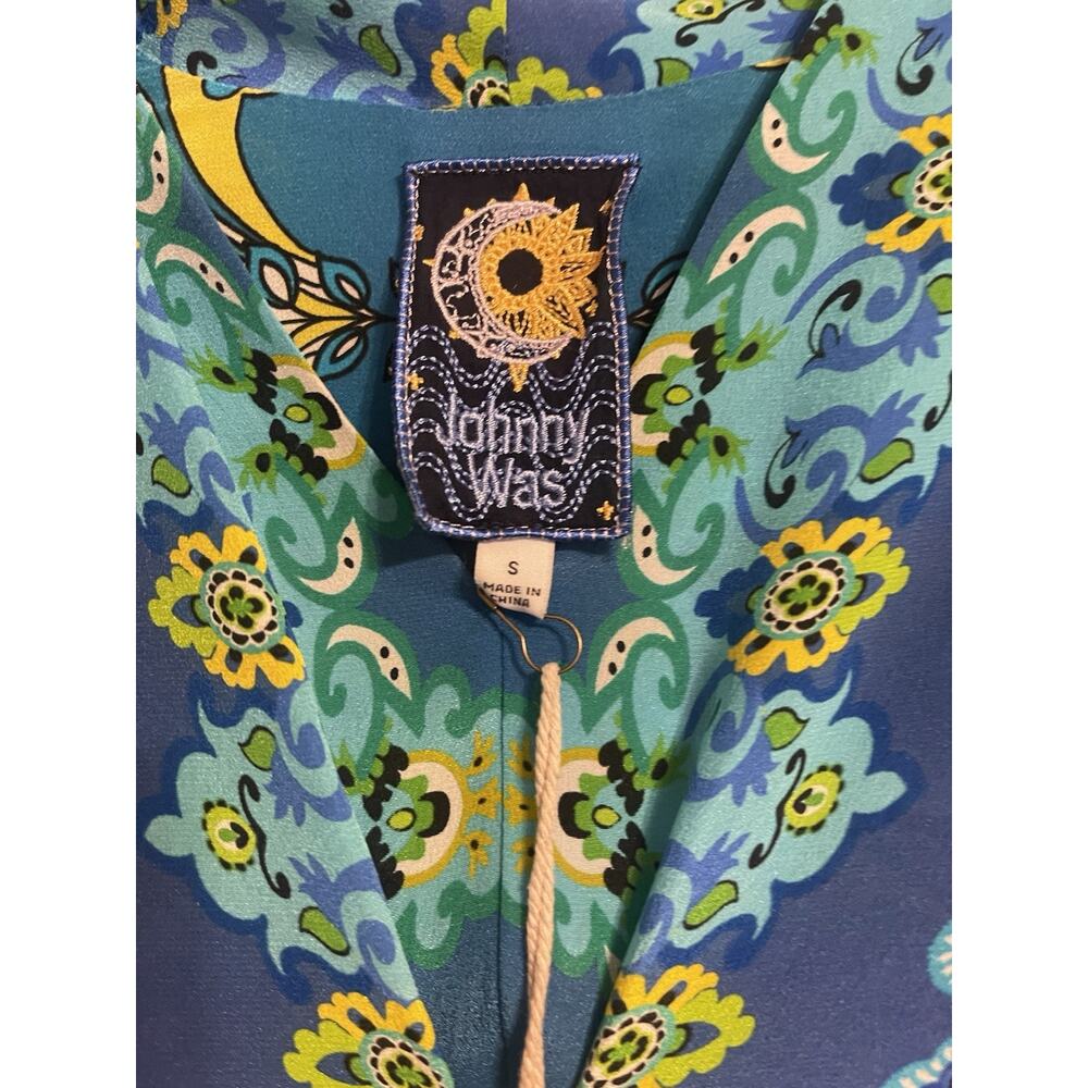 Johnny Was 100% Silk Kahinu Kaftan Boho Arstsy Maxi Dress Blue Green S NWT - Picture 7 of 10